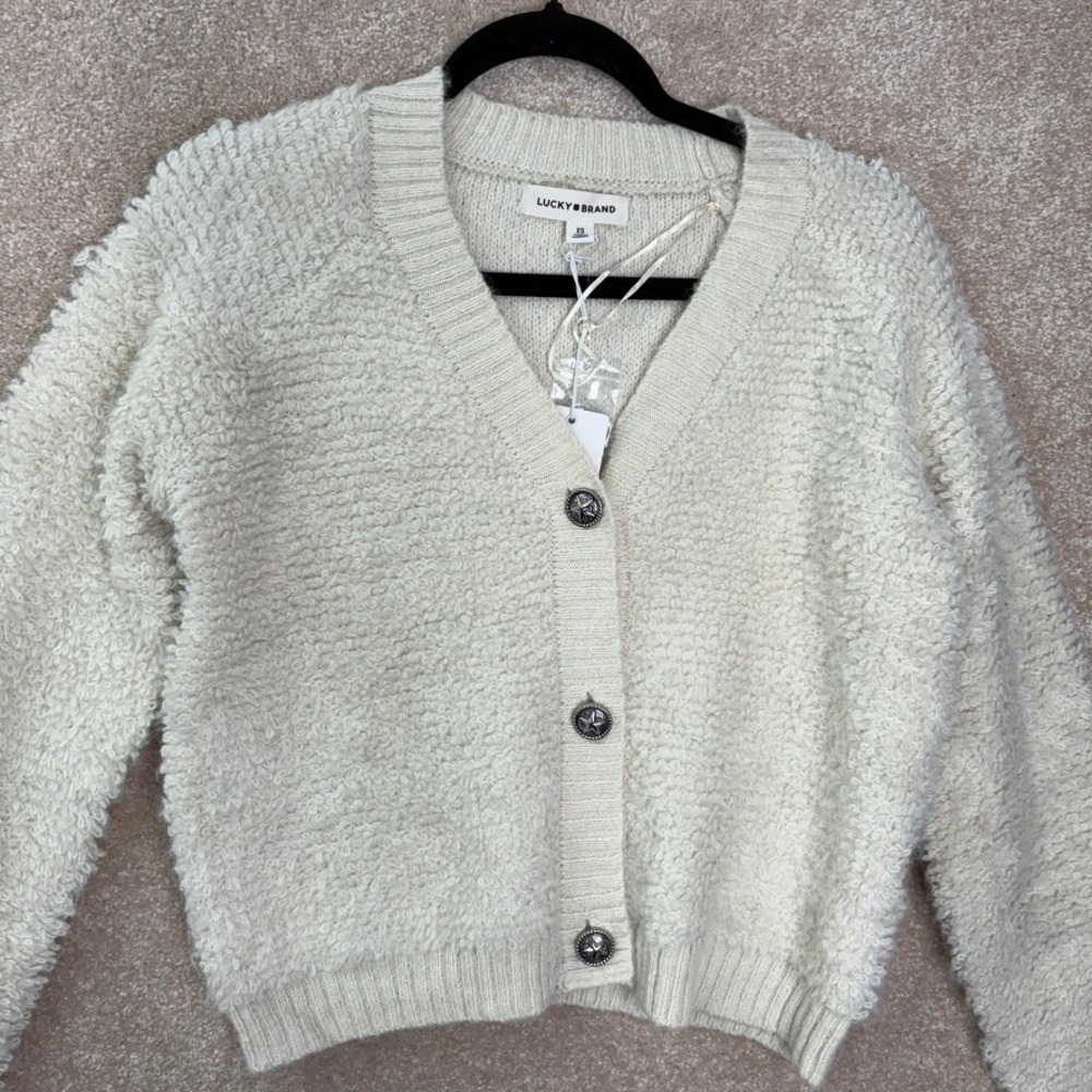 NWT LUCKY BRAND Cardigan Sweater Women's XS White Boucle Cozycure Neutral Boho